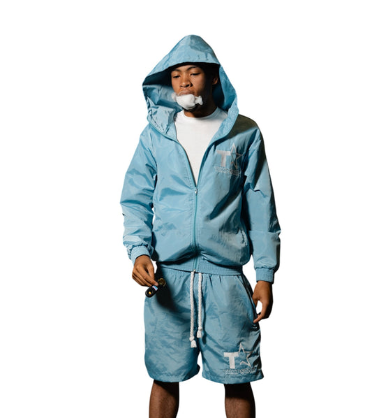 Blue Windbreaker Short Set