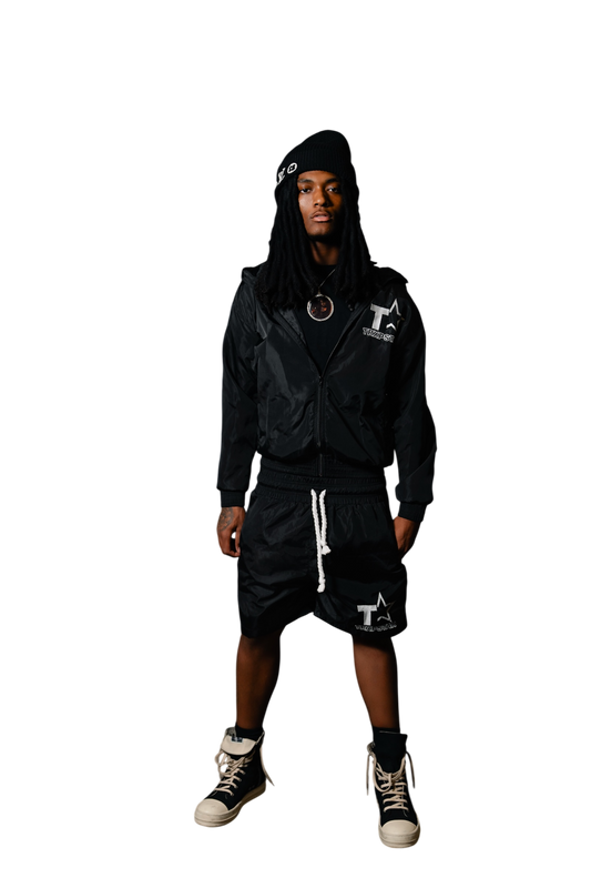 Black Windbreaker Shorts Set